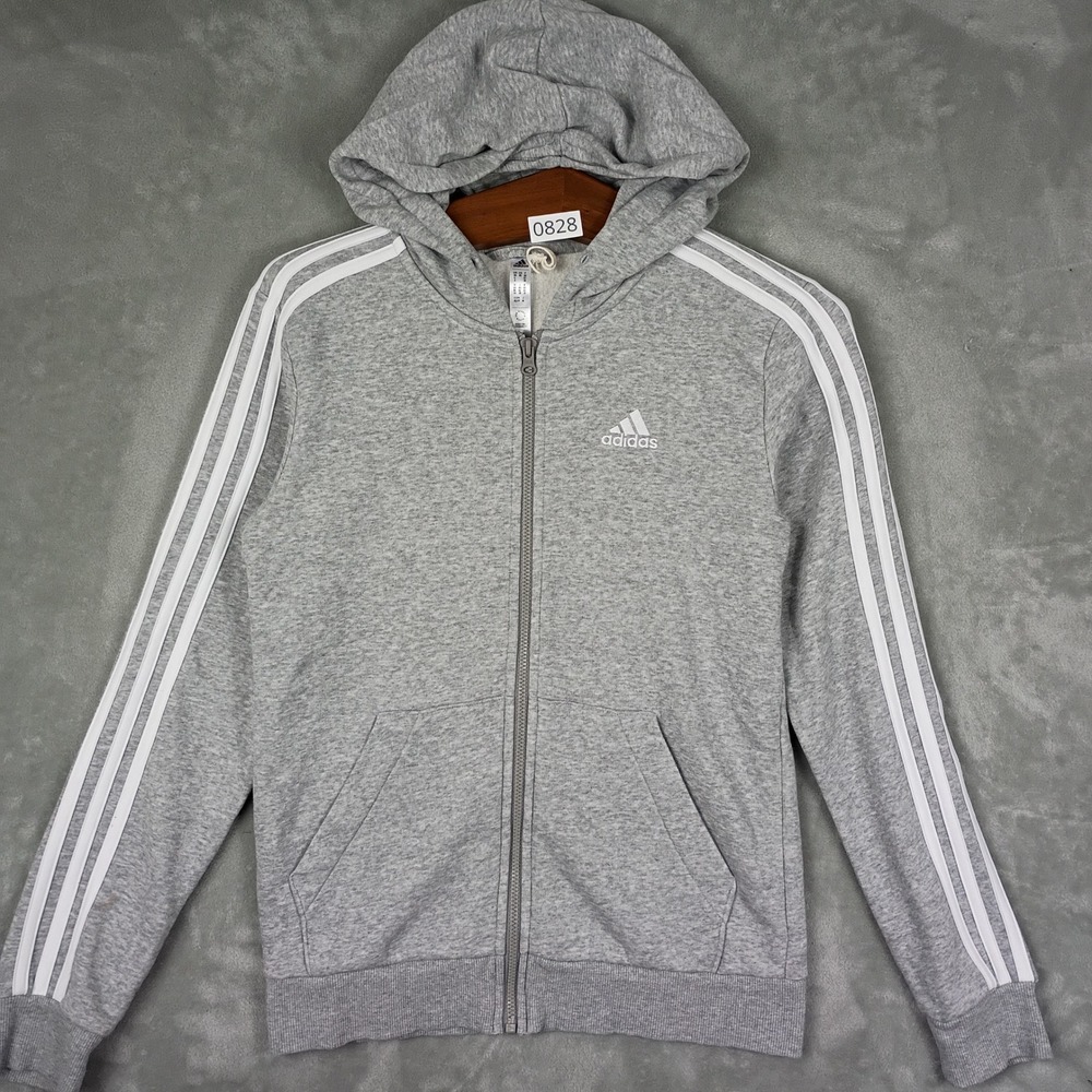 Adidas Full Zip Hoodie Women XS Gray 3 Stripe Athletic Gorpcore Sweatshirt